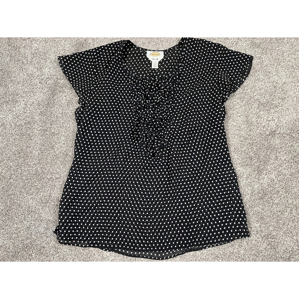 Vintage Talbots Shirt Womens 10 Black Silk Polka Dot Blouse Ruffle Y2K Babydoll